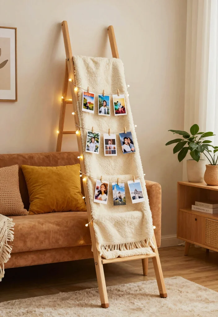 30 Blanket Ladder Decor Living Room Ideas for Cozy Stylish Storage - 10. Ladder as a Photo Display 1
