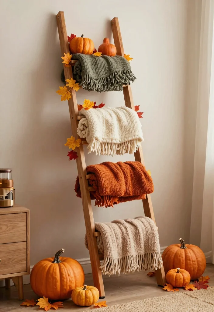 30 Blanket Ladder Decor Living Room Ideas for Cozy Stylish Storage - 11. Ladder with Seasonal Decor 1