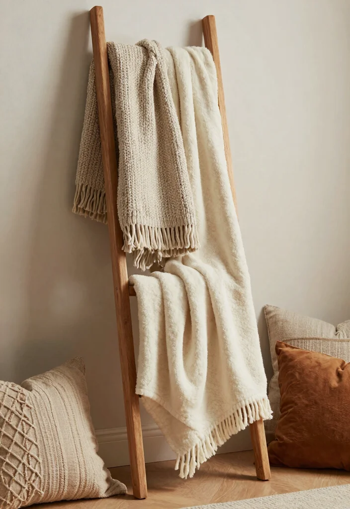 30 Blanket Ladder Decor Living Room Ideas for Cozy Stylish Storage - 12. Layered Textures 1