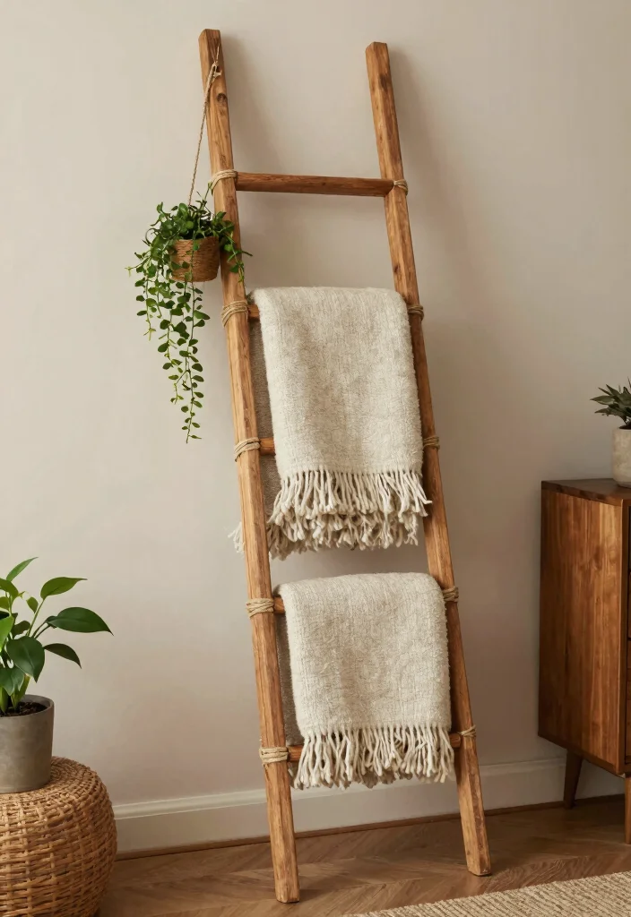 30 Blanket Ladder Decor Living Room Ideas for Cozy Stylish Storage - 13. Rustic Ladder with Twine 1