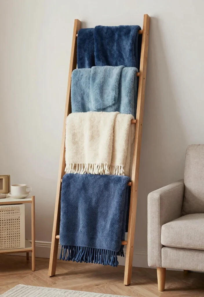 30 Blanket Ladder Decor Living Room Ideas for Cozy Stylish Storage - 14. Color Coordinated Display 1