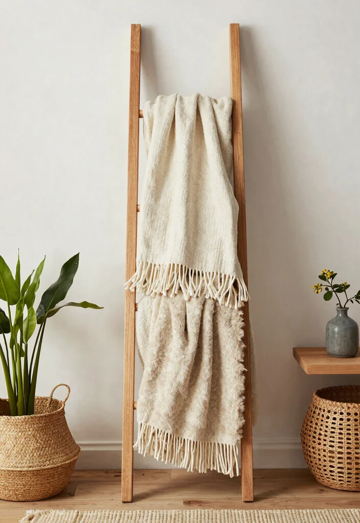 30 Blanket Ladder Decor Living Room Ideas for Cozy Stylish Storage - 15. Ladder with Seasonal Textiles 1