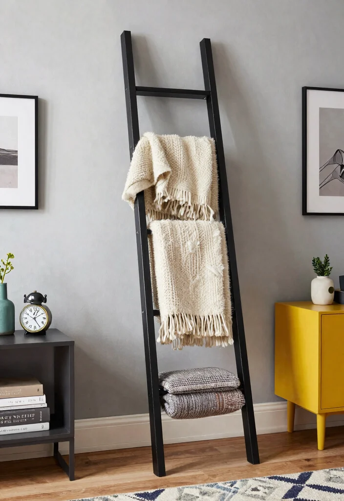 30 Blanket Ladder Decor Living Room Ideas for Cozy Stylish Storage - 17. Blanket Ladder with a Twist 1