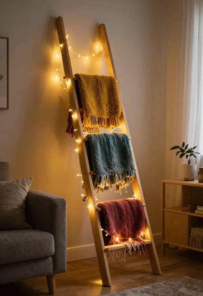 30 Blanket Ladder Decor Living Room Ideas for Cozy Stylish Storage - 18. Ladder with Lighting Features 1