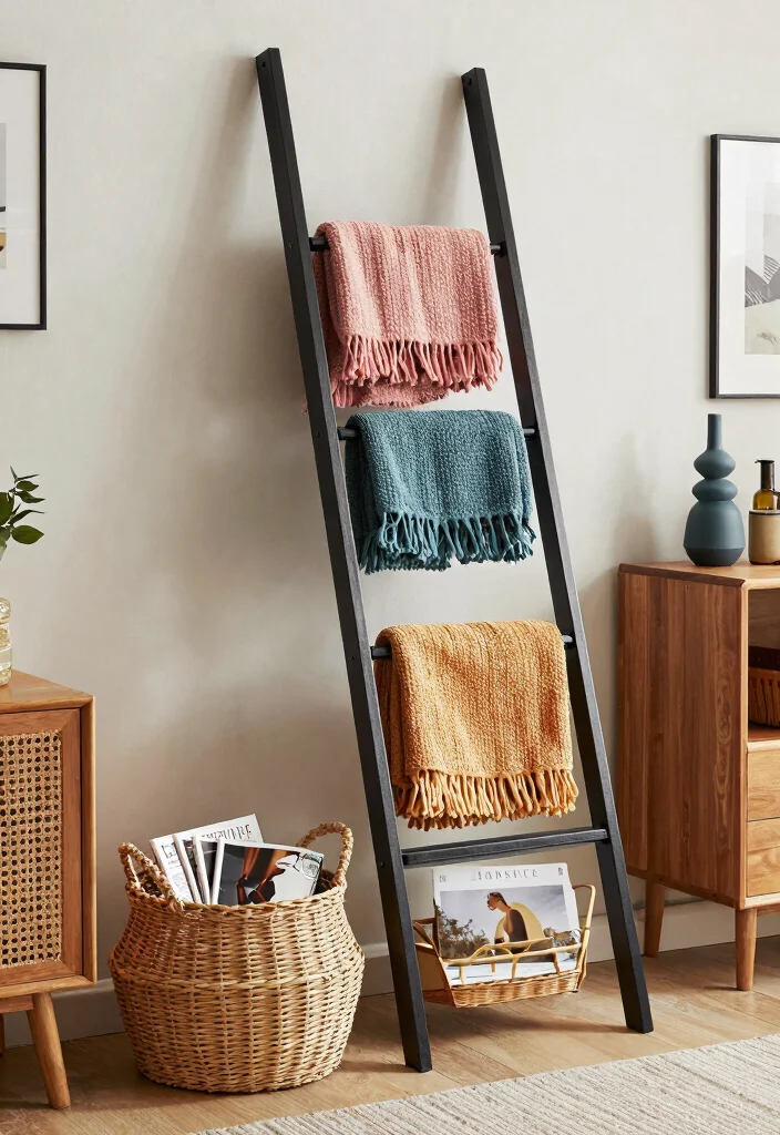 30 Blanket Ladder Decor Living Room Ideas for Cozy Stylish Storage - 19. Practical Storage Solution 1