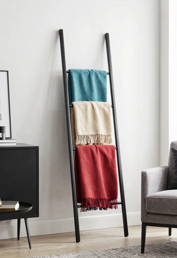 30 Blanket Ladder Decor Living Room Ideas for Cozy Stylish Storage - 2. Modern Metal Ladder 1