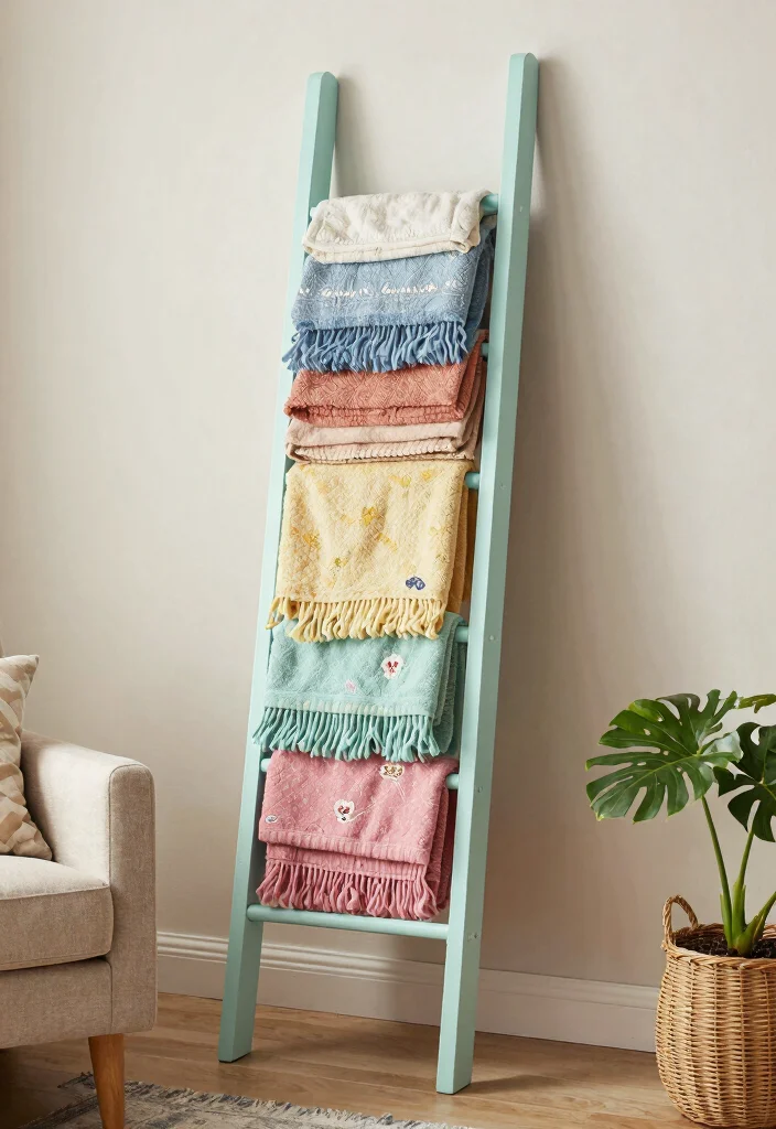 30 Blanket Ladder Decor Living Room Ideas for Cozy Stylish Storage - 20. Ladder with DIY Touch 1