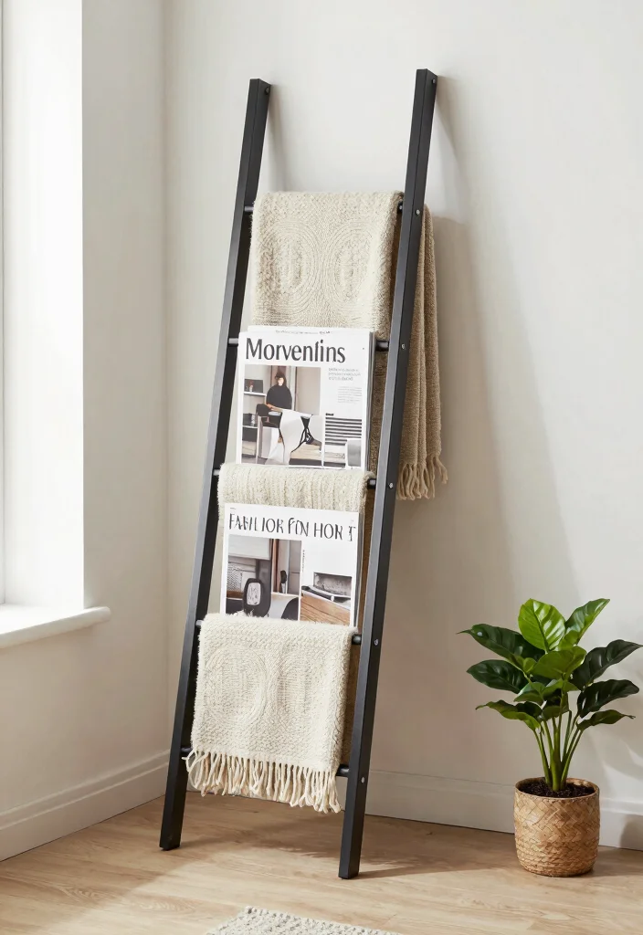 30 Blanket Ladder Decor Living Room Ideas for Cozy Stylish Storage - 21. Multifunctional Ladder 1