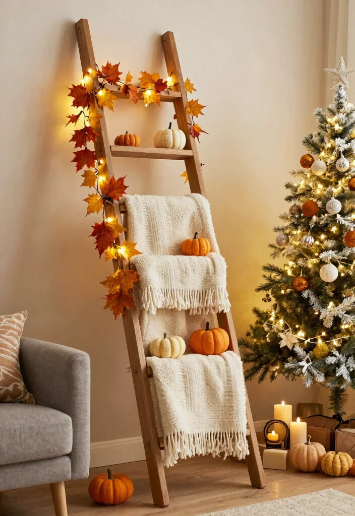 30 Blanket Ladder Decor Living Room Ideas for Cozy Stylish Storage - 22. Ladder with Seasonal Accessories 1