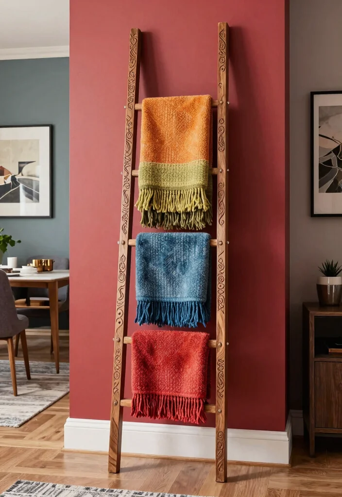 30 Blanket Ladder Decor Living Room Ideas for Cozy Stylish Storage - 23. Ladder as a Functional Art Piece 1