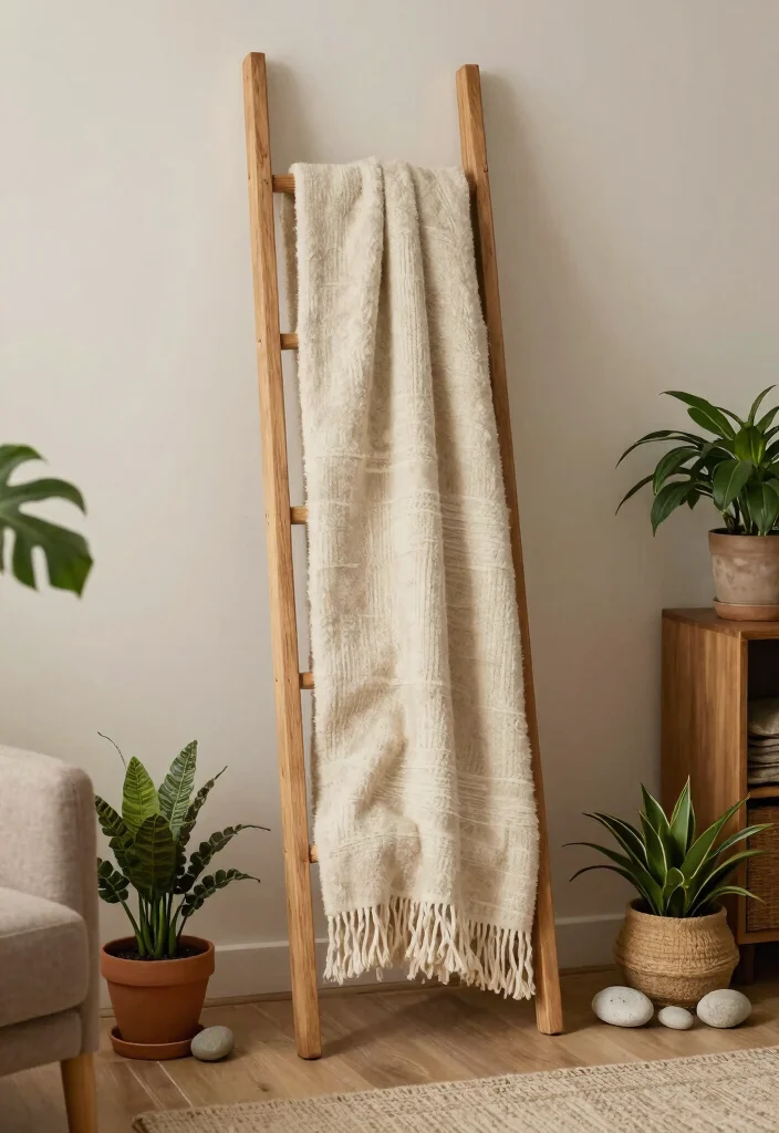 30 Blanket Ladder Decor Living Room Ideas for Cozy Stylish Storage - 24. Ladder with Natural Elements 1