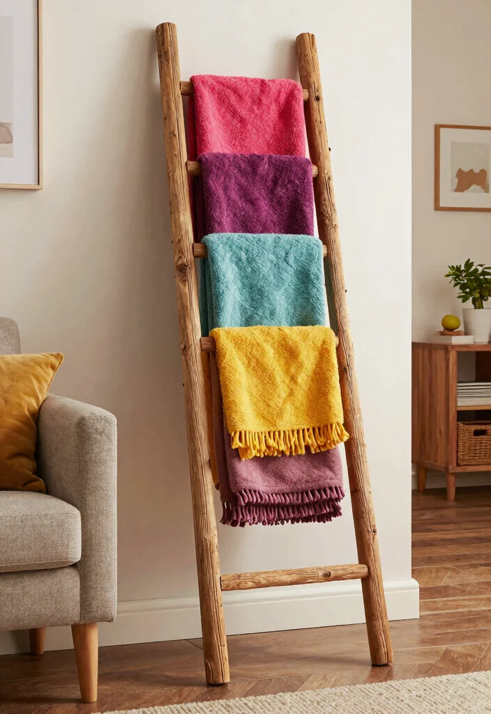 30 Blanket Ladder Decor Living Room Ideas for Cozy Stylish Storage - 25. Rustic Ladder with Colorful Throws 1