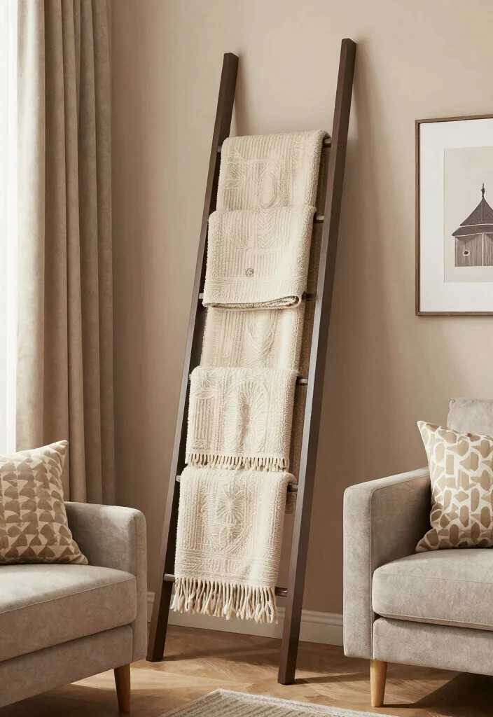 30 Blanket Ladder Decor Living Room Ideas for Cozy Stylish Storage - 26. Ladder with Matching Decor 1