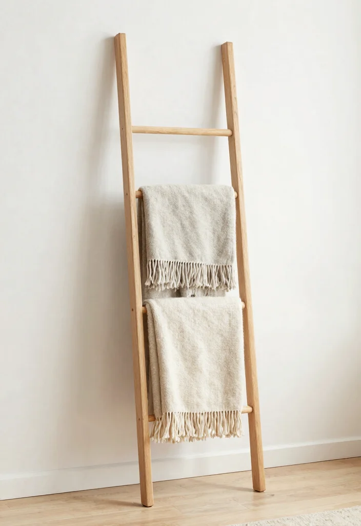 30 Blanket Ladder Decor Living Room Ideas for Cozy Stylish Storage - 27. Minimalist Ladder 1