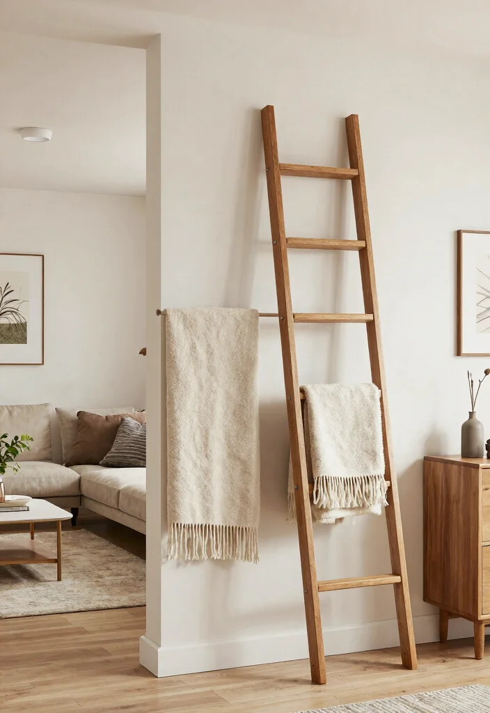 30 Blanket Ladder Decor Living Room Ideas for Cozy Stylish Storage - 28. Blanket Ladder as a Room Divider 1