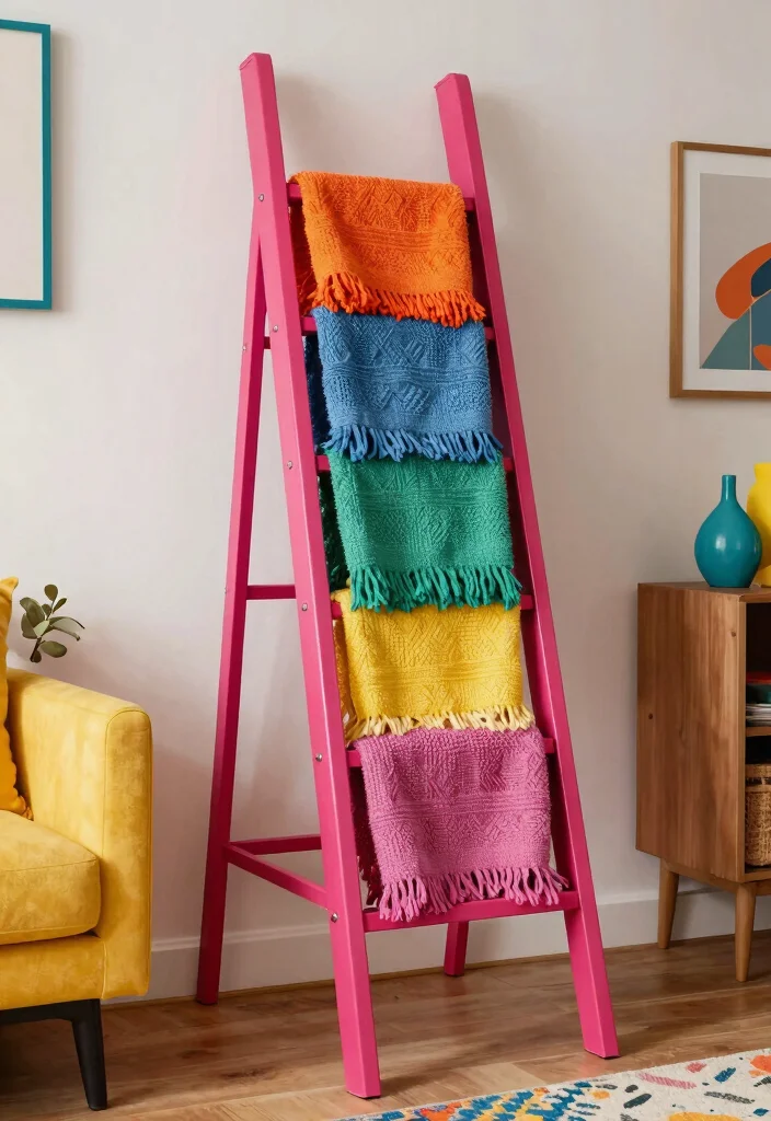 30 Blanket Ladder Decor Living Room Ideas for Cozy Stylish Storage - 29. Ladder with a Pop of Color 1