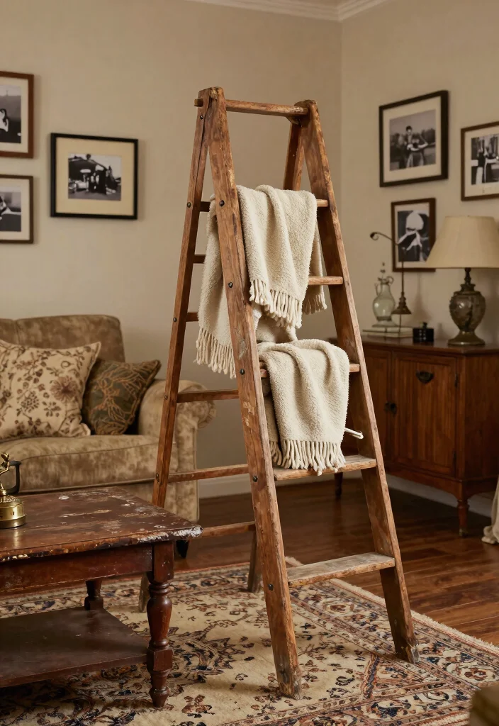 30 Blanket Ladder Decor Living Room Ideas for Cozy Stylish Storage - 3. Vintage Ladder with Charm 1