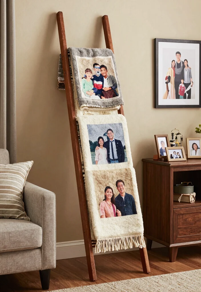 30 Blanket Ladder Decor Living Room Ideas for Cozy Stylish Storage - 30. Ladder with a Family Touch 1