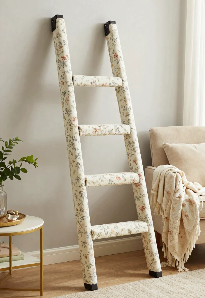 30 Blanket Ladder Decor Living Room Ideas for Cozy Stylish Storage - 4. Fabric-Covered Ladder 1