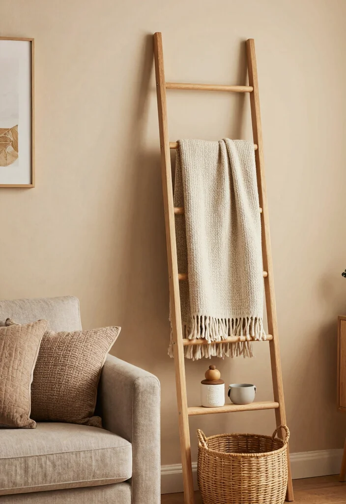 30 Blanket Ladder Decor Living Room Ideas for Cozy Stylish Storage - 5. Ladder with Hooks 1