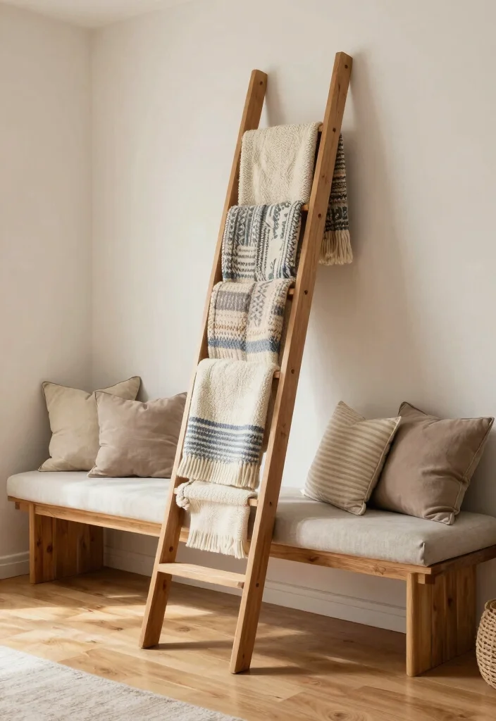 30 Blanket Ladder Decor Living Room Ideas for Cozy Stylish Storage - 6. Ladder with a Bench 1
