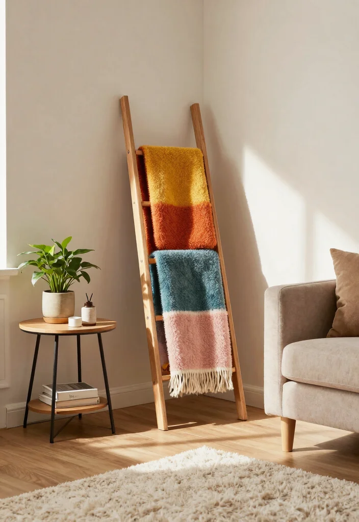 30 Blanket Ladder Decor Living Room Ideas for Cozy Stylish Storage - 7. Corner Ladder Display 1