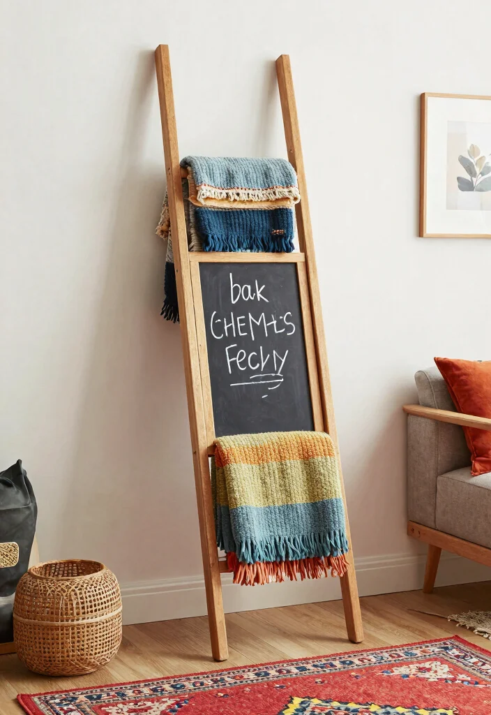 30 Blanket Ladder Decor Living Room Ideas for Cozy Stylish Storage - 8. Chalkboard Ladder 1