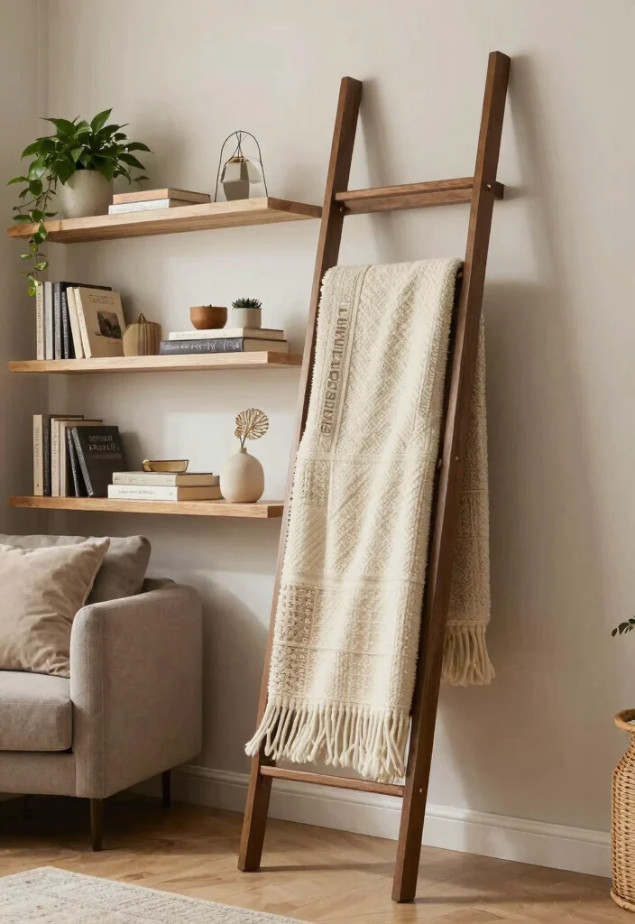 30 Blanket Ladder Decor Living Room Ideas for Cozy Stylish Storage - 9. Ladder with Shelves 1