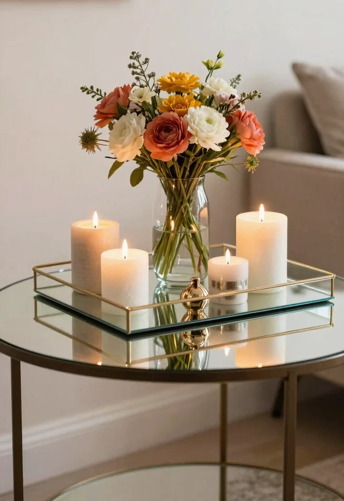 30 Centre Table Decor Living Room Ideas for a Beautiful Styled Setup - 10. Reflective Surfaces 1