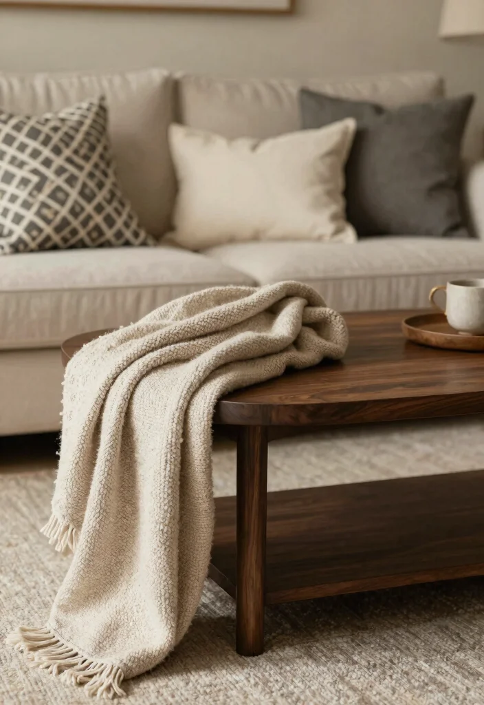 30 Centre Table Decor Living Room Ideas for a Beautiful Styled Setup - 17. Cozy Throws and Pillows 1