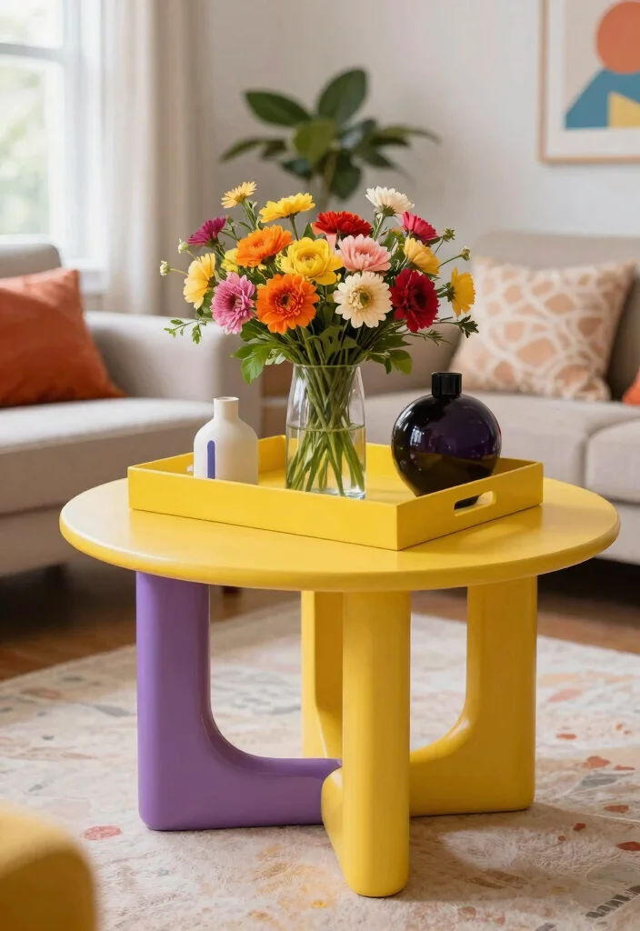 30 Centre Table Decor Living Room Ideas for a Beautiful Styled Setup - 19. Bright and Cheerful Accents 1