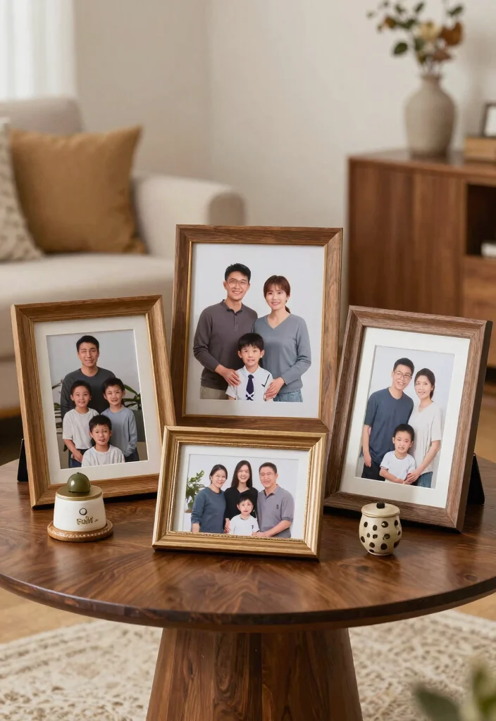 30 Centre Table Decor Living Room Ideas for a Beautiful Styled Setup - 23. Personal Touches with Family Photos 1