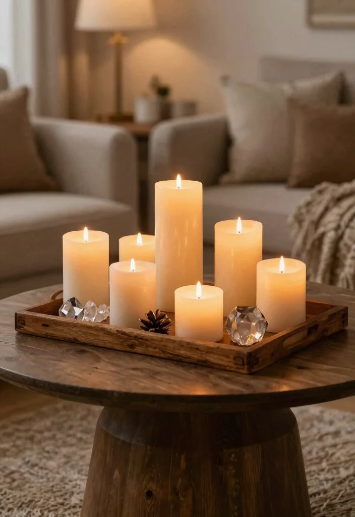 30 Centre Table Decor Living Room Ideas for a Beautiful Styled Setup - 3. Bohemian Candle Arrangements 1
