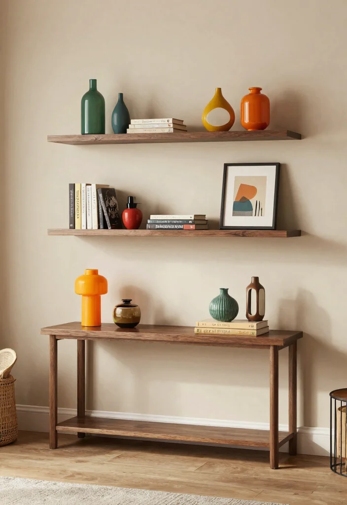 30 Centre Table Decor Living Room Ideas for a Beautiful Styled Setup - 30. Floating Shelves Above the Table 1