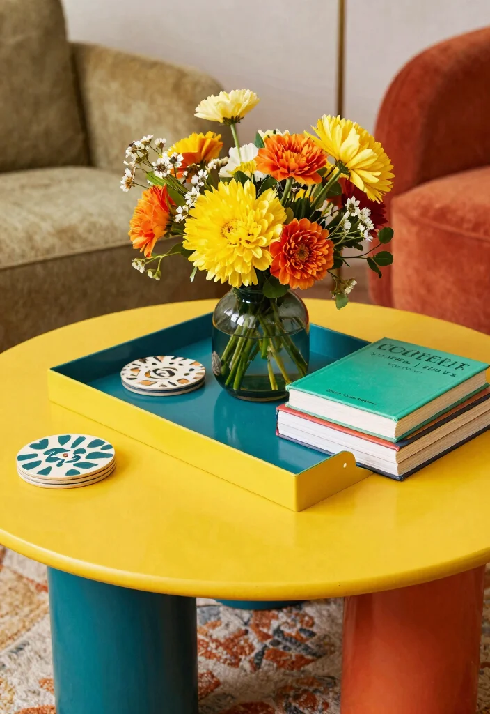 30 Centre Table Decor Living Room Ideas for a Beautiful Styled Setup - 6. Mood-Boosting Colors 1