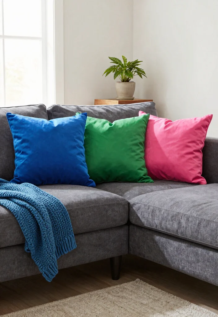 30 Charcoal Grey Couch Living Room Decor Ideas for a Cozy Modern Home - 1. Throw Pillows in Bold Hues 1