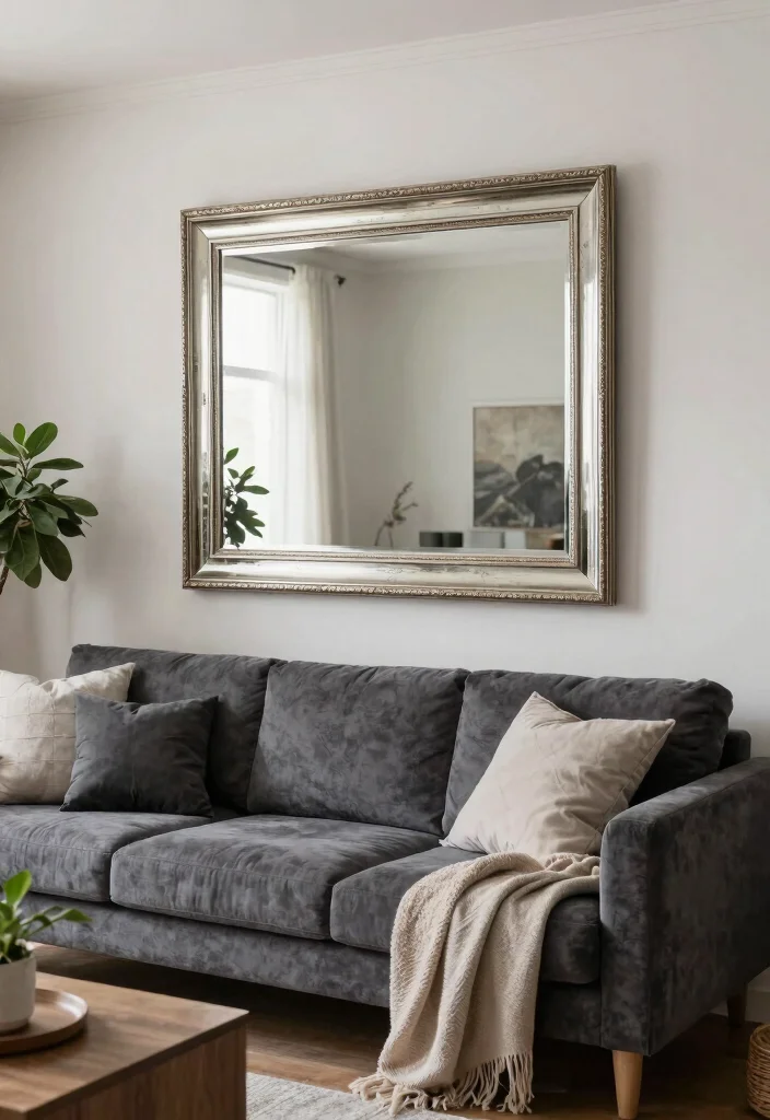 30 Charcoal Grey Couch Living Room Decor Ideas for a Cozy Modern Home - 10. Incorporating Mirrors 1