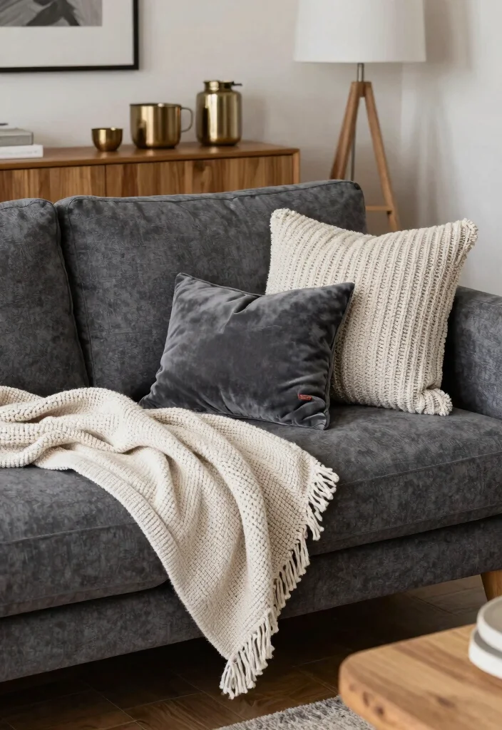 30 Charcoal Grey Couch Living Room Decor Ideas for a Cozy Modern Home - 11. Mixing Textures 1