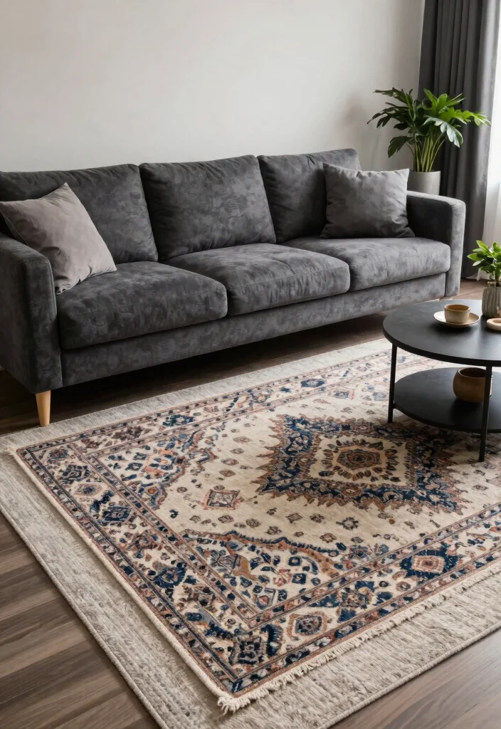 30 Charcoal Grey Couch Living Room Decor Ideas for a Cozy Modern Home - 12. Layering Rugs 1