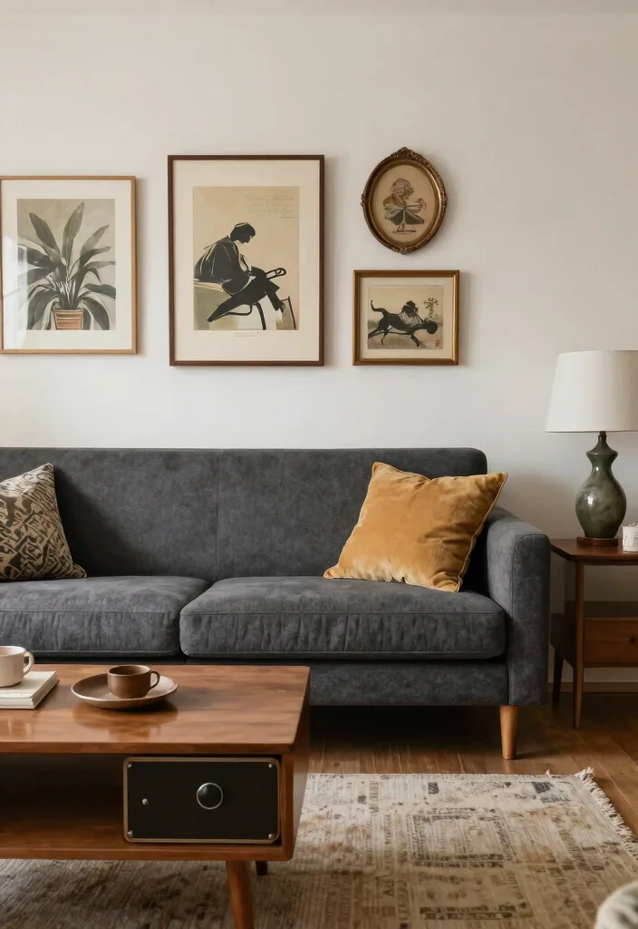 30 Charcoal Grey Couch Living Room Decor Ideas for a Cozy Modern Home - 17. Vintage Accents 1