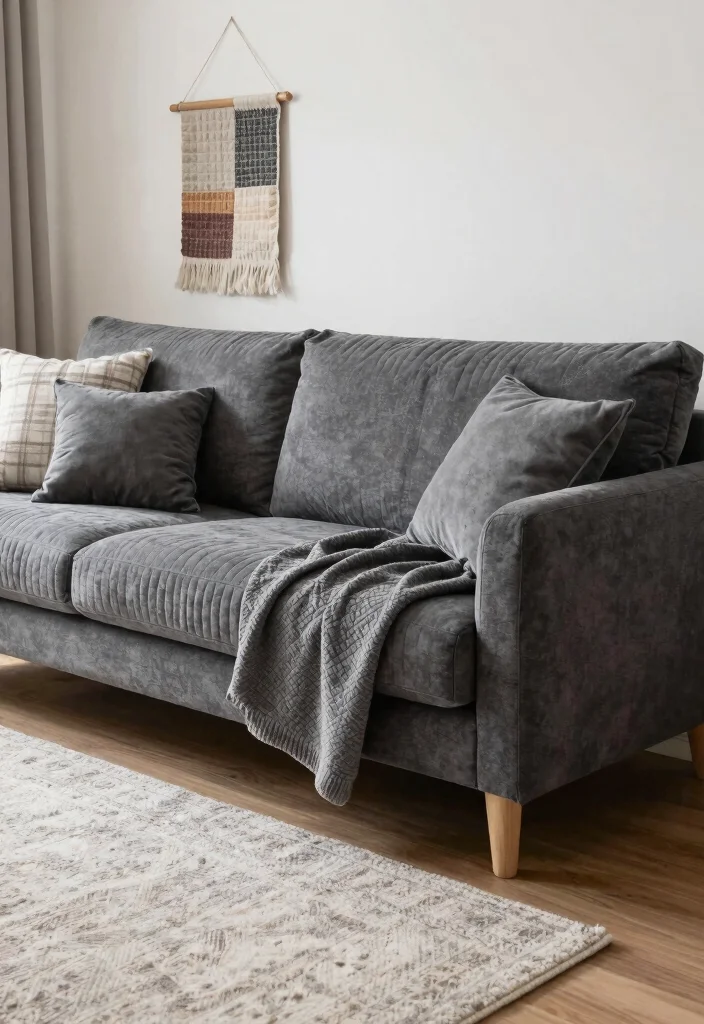 30 Charcoal Grey Couch Living Room Decor Ideas for a Cozy Modern Home - 19. Quilted Textures 1