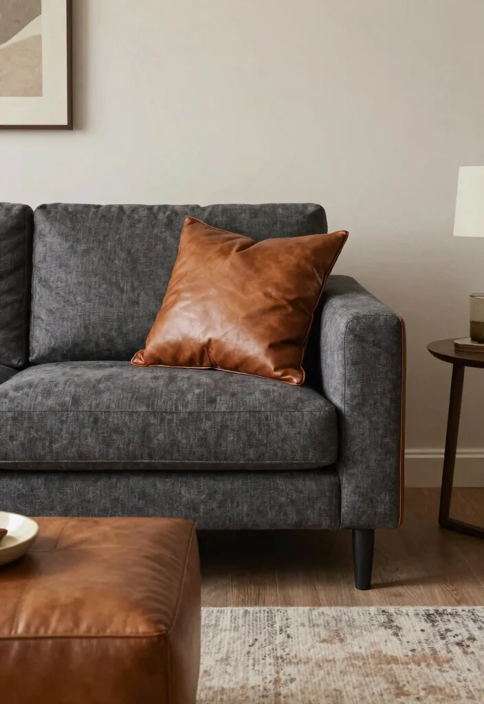 30 Charcoal Grey Couch Living Room Decor Ideas for a Cozy Modern Home - 20. Layering with Leather 1