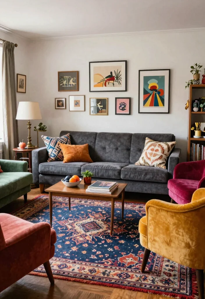 30 Charcoal Grey Couch Living Room Decor Ideas for a Cozy Modern Home - 22. Eclectic Style 1