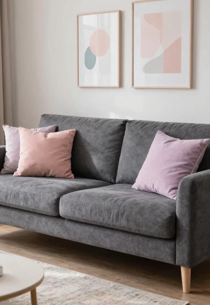 30 Charcoal Grey Couch Living Room Decor Ideas for a Cozy Modern Home - 27. Soft Color Accents 1