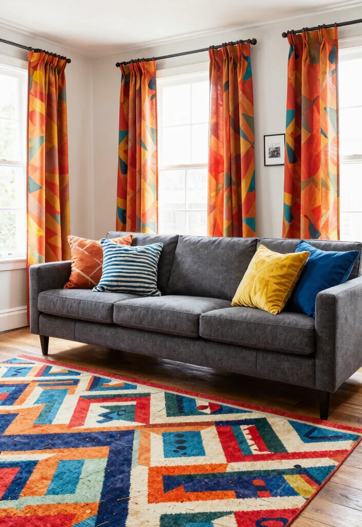 30 Charcoal Grey Couch Living Room Decor Ideas for a Cozy Modern Home - 28. Bold Patterns 1