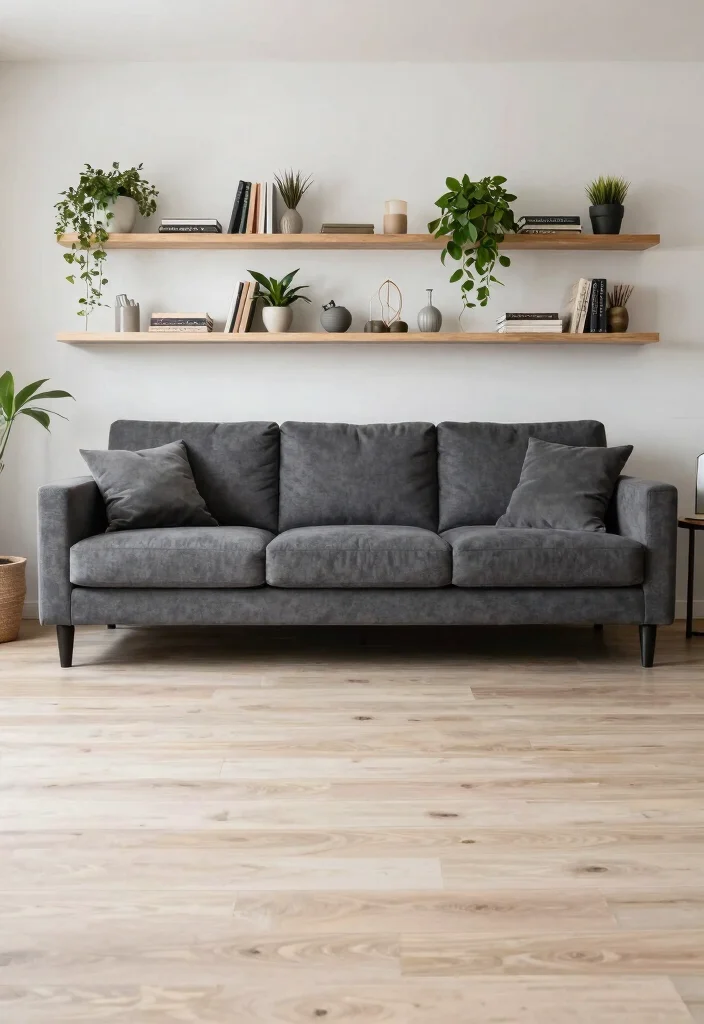 30 Charcoal Grey Couch Living Room Decor Ideas for a Cozy Modern Home - 29. Smart Use of Space with Floating Shelves 1