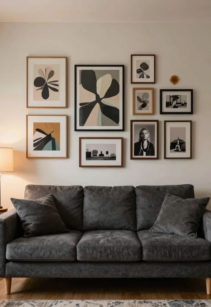 30 Charcoal Grey Couch Living Room Decor Ideas for a Cozy Modern Home - 9. Personal Touches with Artwork 1