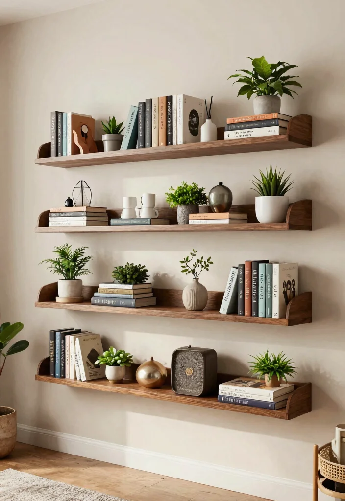 30 College Living Room Decor Ideas for a Cute Budget Friendly Space - 14. Wall Shelves 1
