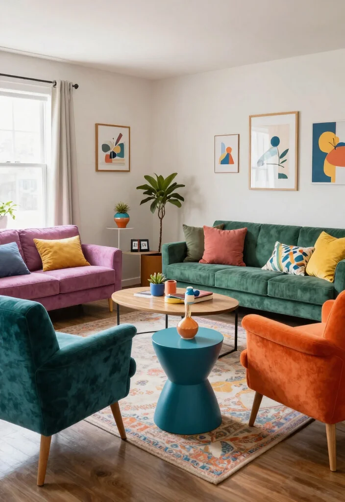 30 College Living Room Decor Ideas for a Cute Budget Friendly Space - 20. Colorful Accent Furniture 1