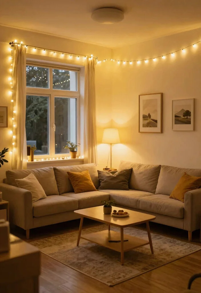 30 College Living Room Decor Ideas for a Cute Budget Friendly Space - 3. String Lights 1